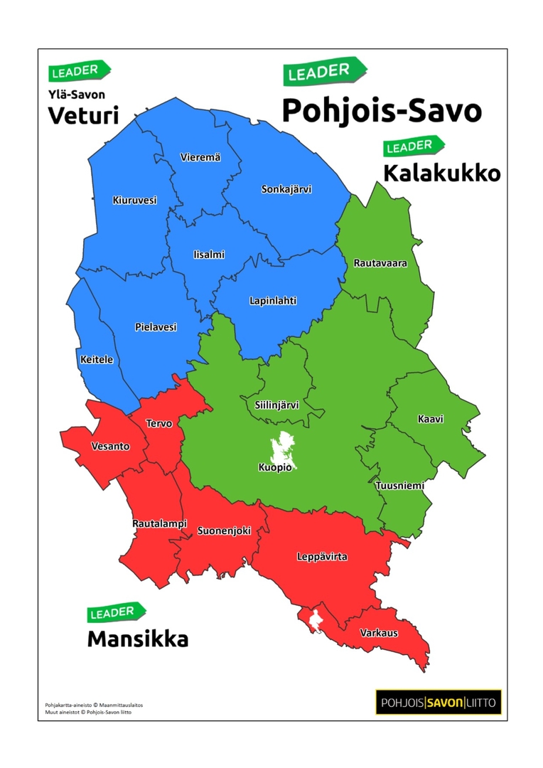 Pohjois-Savon kartta kuntineen ja Leader-ryhmät alueittain merkittynä.